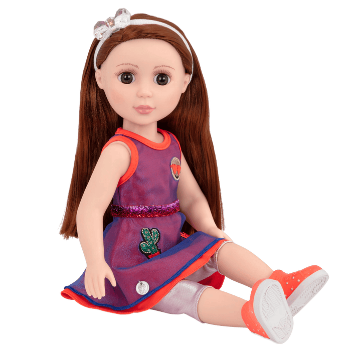 14-inch posable doll with dark red hair and brown eyes