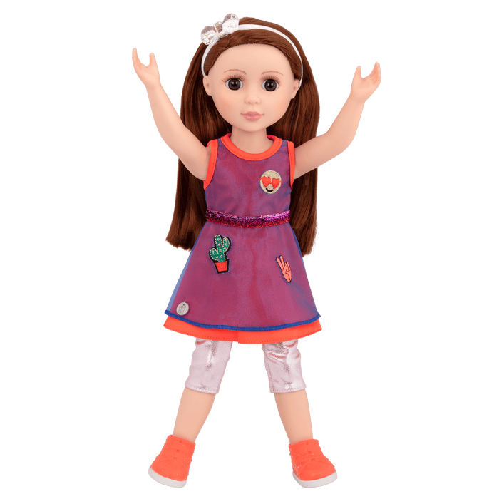 14-inch posable doll with dark red hair and brown eyes