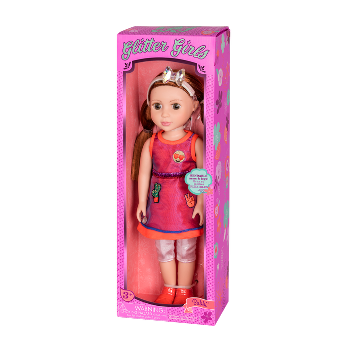 14-inch posable doll with dark red hair and brown eyes