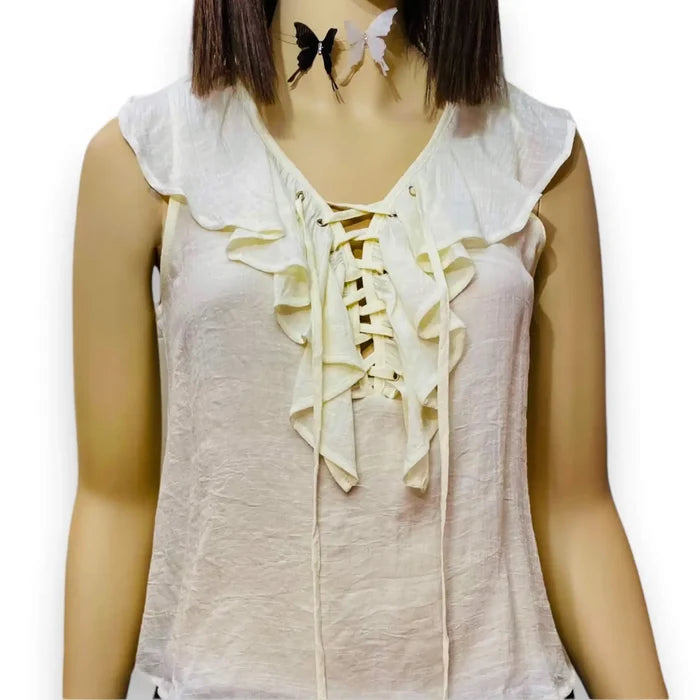 Boho Ivory Ruffle Lace Up Cami Top ruffle overlay neckline lightweight breathable women's size small