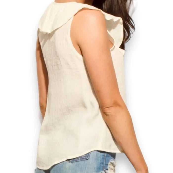 Boho Ivory Ruffle Lace Up Cami Top ruffle overlay neckline lightweight breathable women's size small