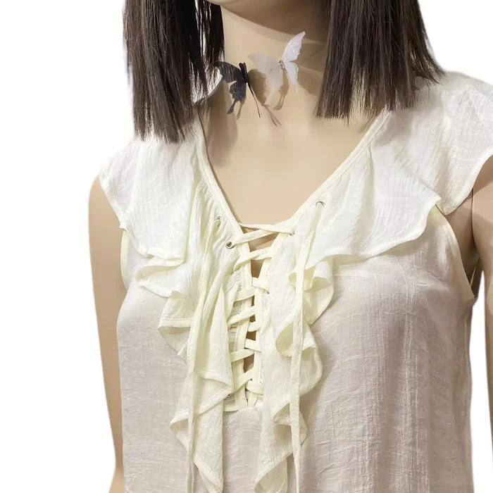 Boho Ivory Ruffle Lace Up Cami Top ruffle overlay neckline lightweight breathable women's size small