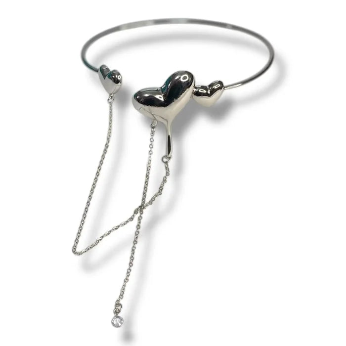 Boho Textured Statement Upper Arm Cuff Silver 3 Hearts Open Arm Bracelet, Dangle Chain Crystal  Body Jewelry Boho Armlet