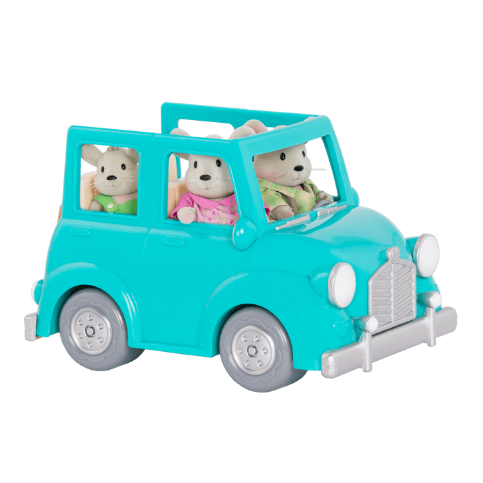 Toy car with mouse figurines inside