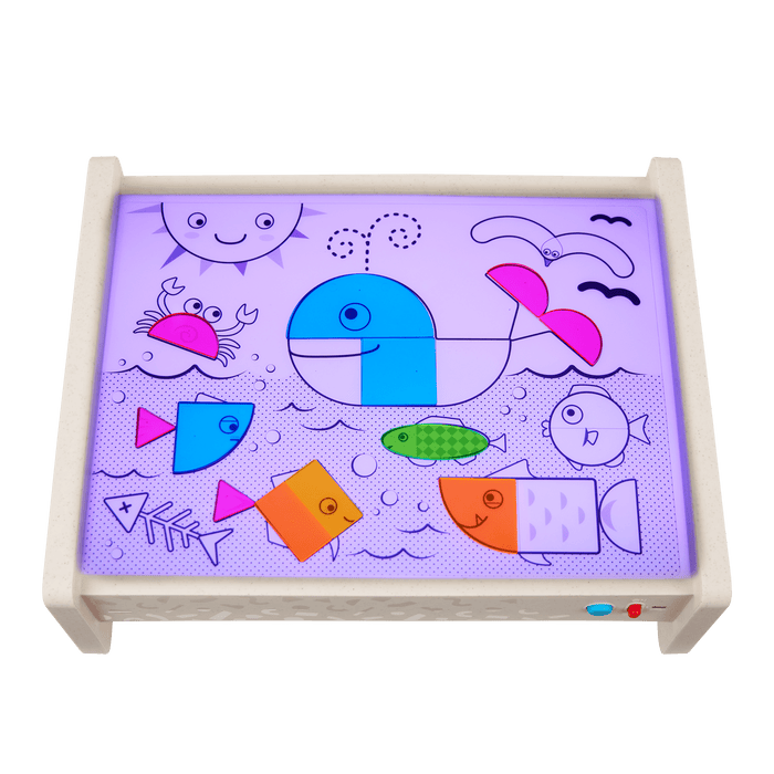 Light box playset with transculent shapes and bugs, tools, and a booklet.