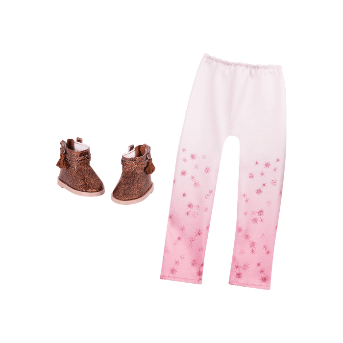 Pink ombre leggings and brown glitter boots for 14-inch doll