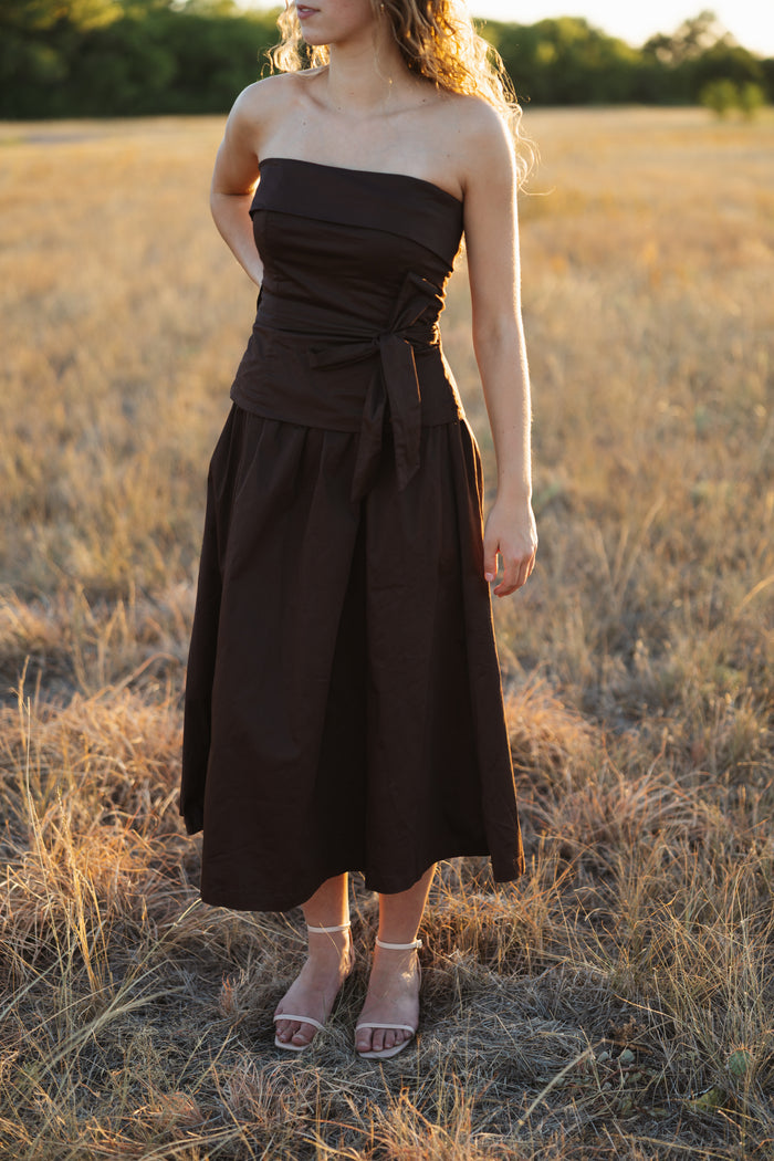 Brown Strapless Foldover Midi Dress