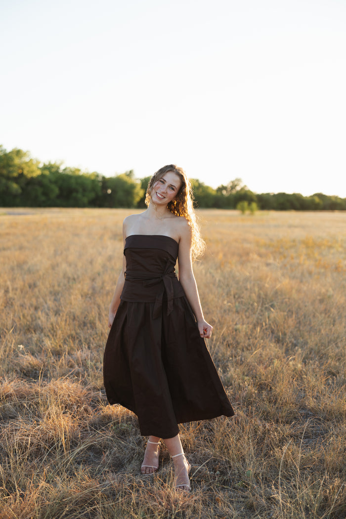 Brown Strapless Foldover Midi Dress