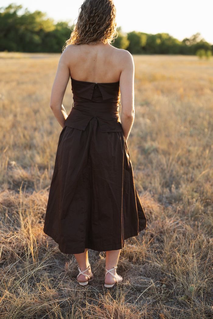 Brown Strapless Foldover Midi Dress