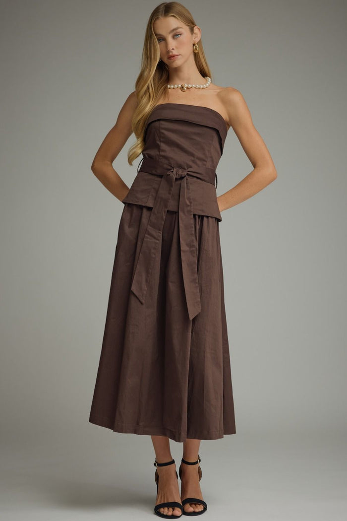 Brown Strapless Foldover Midi Dress