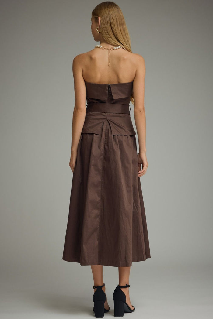 Brown Strapless Foldover Midi Dress