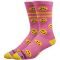 Pink socks with yellow smiley faces on a white background