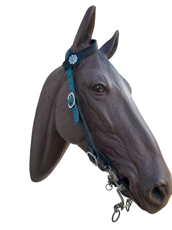 Butter soft black and turquoise leather one ear  Headstall with quick change buckles horse size - Tiffanys Braided Tack LLC