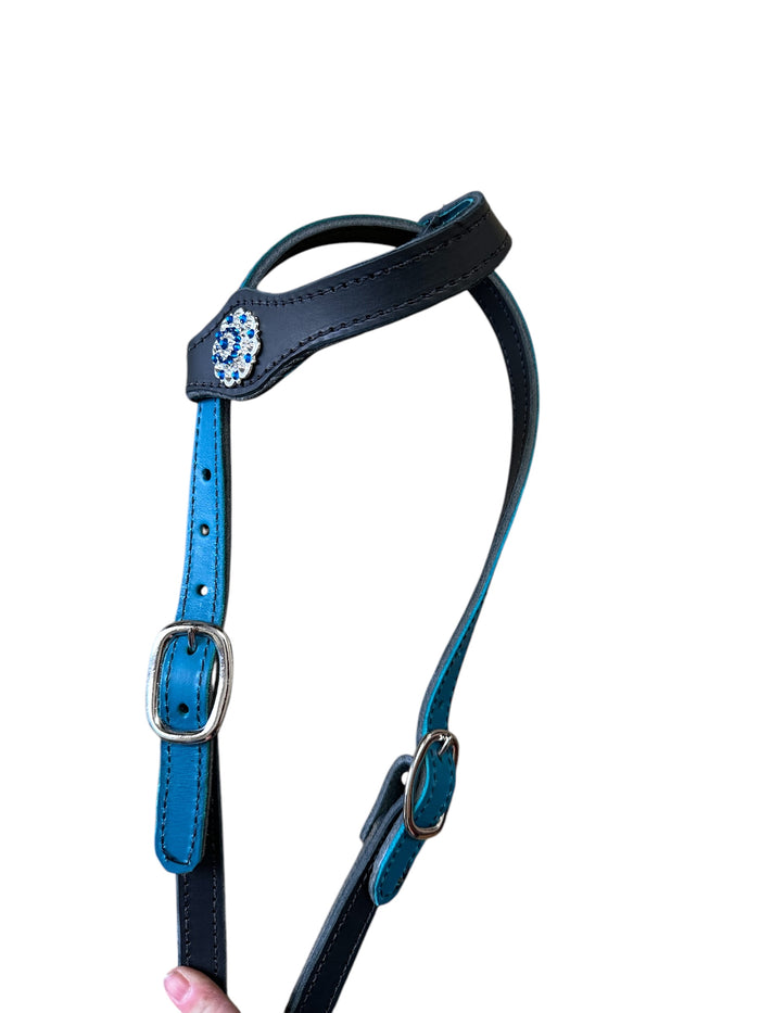 Butter soft black and turquoise leather one ear  Headstall with quick change buckles horse size - Tiffanys Braided Tack LLC