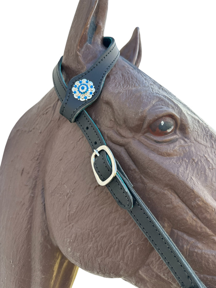 Butter soft black and turquoise leather one ear  Headstall with quick change buckles horse size - Tiffanys Braided Tack LLC