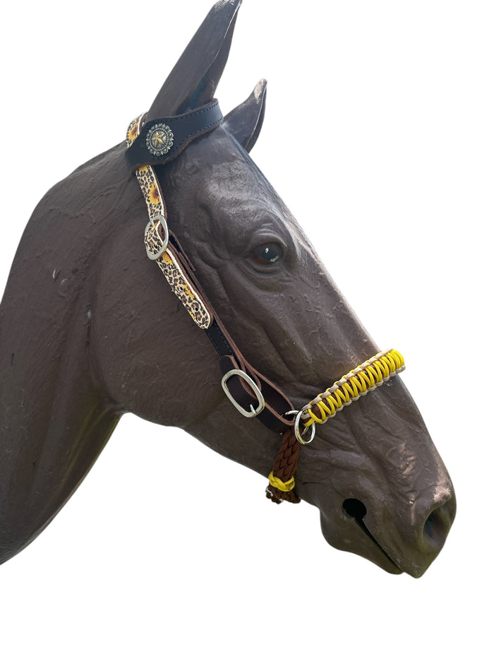 Butter soft cheetah sunflower leather one ear  Headstall with quick change buckles side pull hackamore bitless bridle horse size