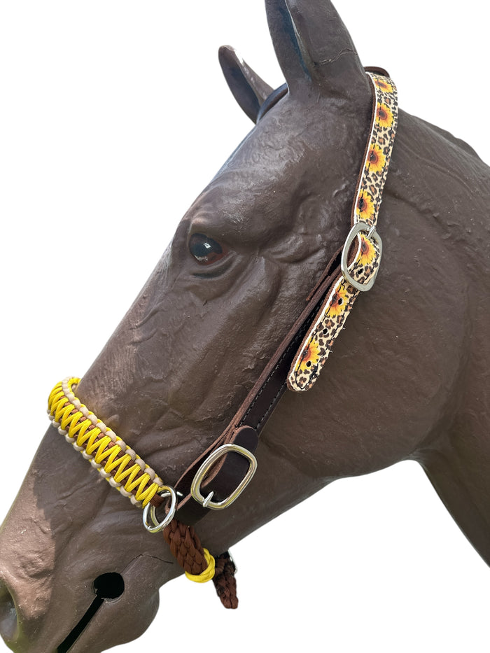 Butter soft cheetah sunflower leather one ear  Headstall with quick change buckles side pull hackamore bitless bridle horse size