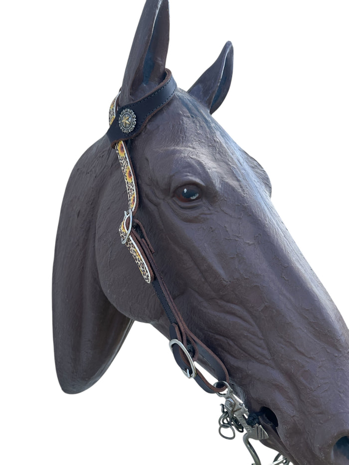 Butter soft cheetah sunflower leather one ear  Headstall with quick change buckles side pull hackamore bitless bridle horse size