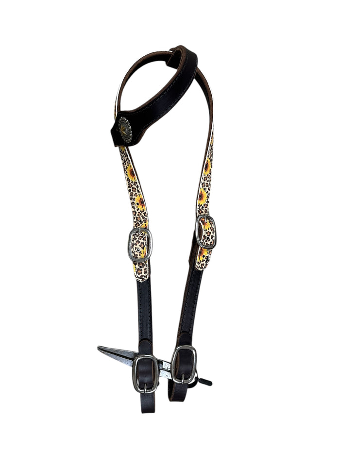 Butter soft cheetah sunflower leather one ear  Headstall with quick change buckles side pull hackamore bitless bridle horse size