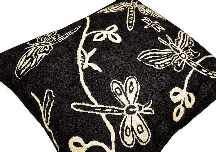 Butterfly Black White Decorative Pillow Cover Hand Embroidered 18" x 18" - KashmirDesigns