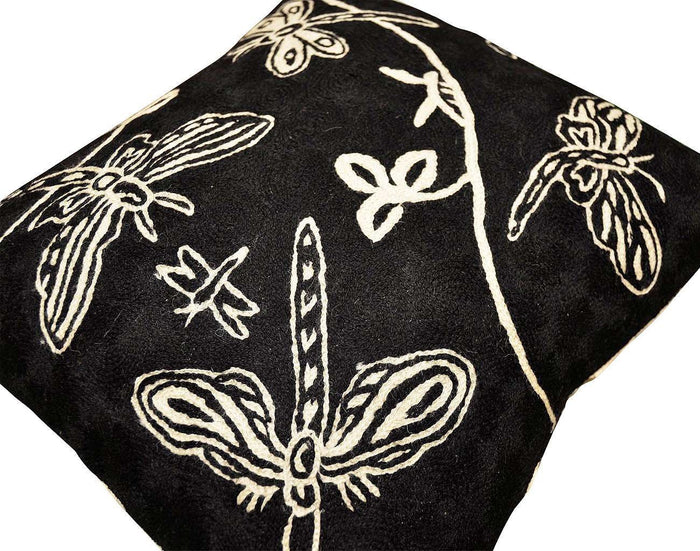 Butterfly Black White Decorative Pillow Cover Hand Embroidered 18" x 18" - KashmirDesigns