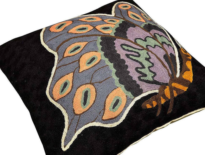 Butterfly Blossom Black Decorative Pillow Cover Hand Embroidered 18" x 18" - KashmirDesigns