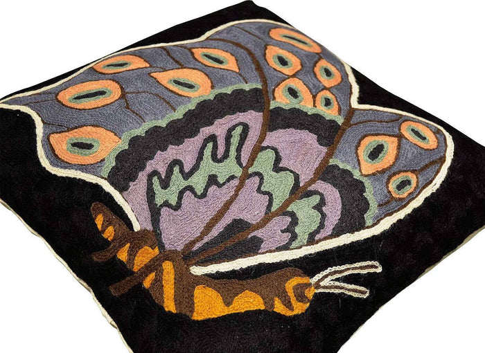 Butterfly Blossom Black Decorative Pillow Cover Hand Embroidered 18" x 18" - KashmirDesigns