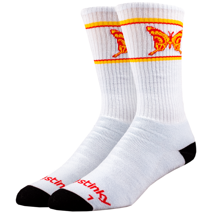 White socks with orange butterfly design and red text on a white background