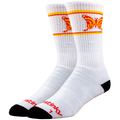 White socks with orange butterfly design and red text on a white background