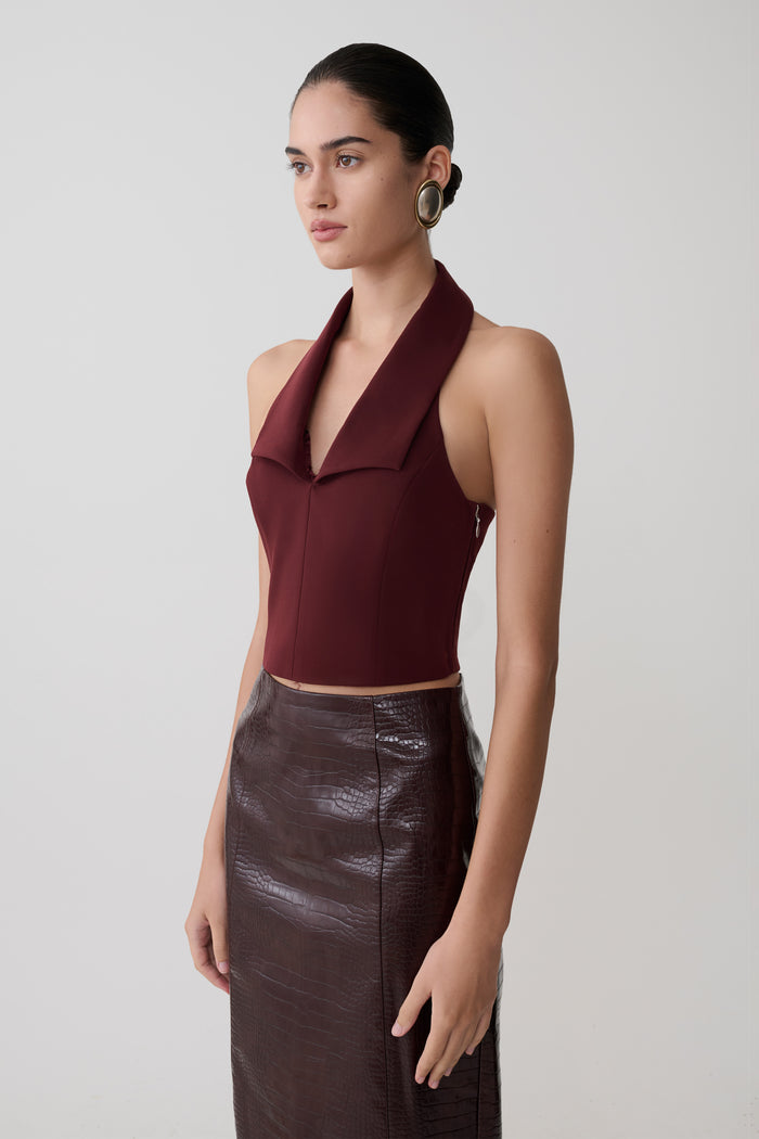 Calla Collared Sleeveless Halter Top - Merlot