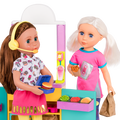 Two 14-inch dolls with drive-thru accessories and toy food