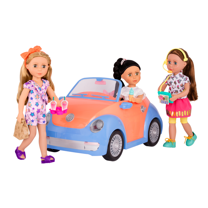 Two 14-inch dolls with drive-thru accessories and toy food