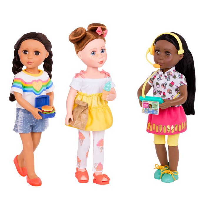 Two 14-inch dolls with drive-thru accessories and toy food