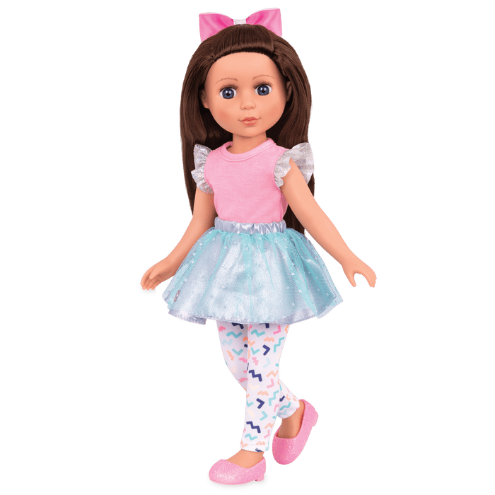 14-inch posable doll with brown hair and blue eyes
