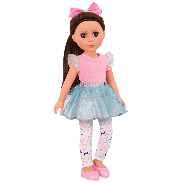 14-inch posable doll with brown hair and blue eyes