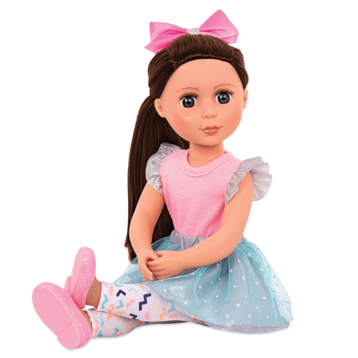 14-inch posable doll with brown hair and blue eyes
