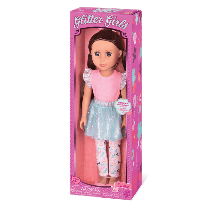 14-inch posable doll with brown hair and blue eyes
