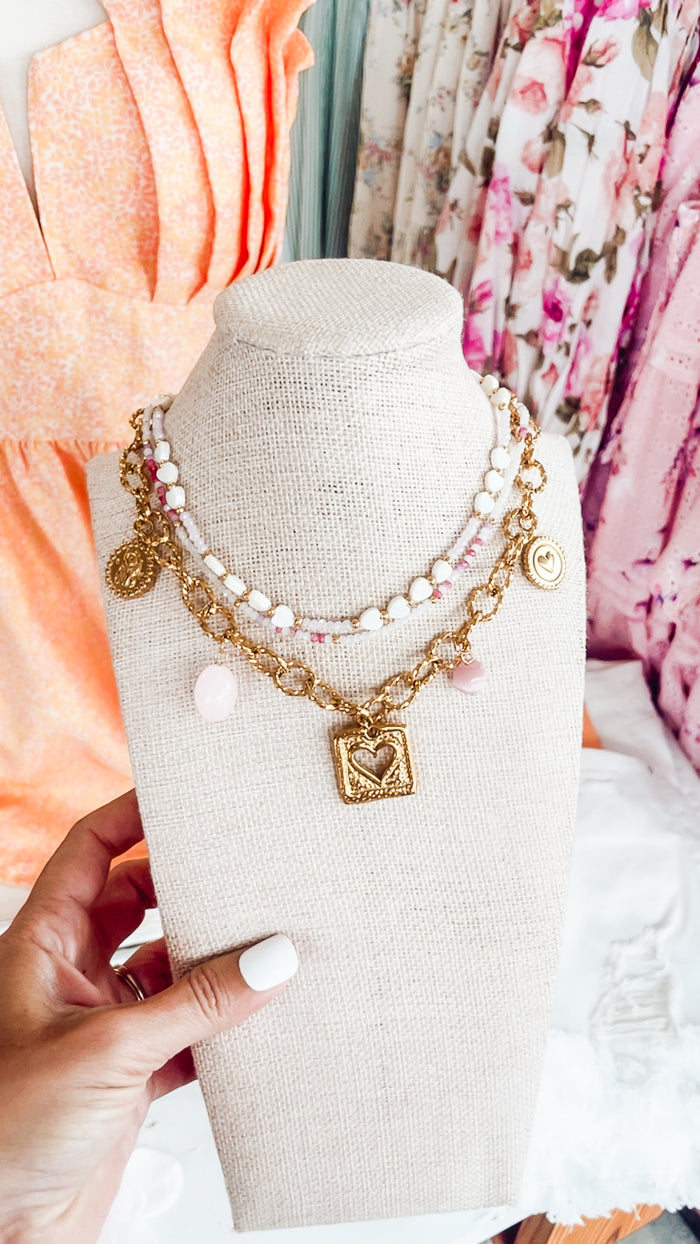 Candy Hearts Strand Necklace-Light Pink
