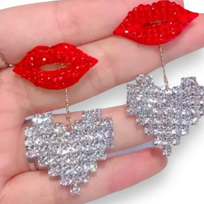 Candy Red Lips Hanging Crystal Heart Earrings