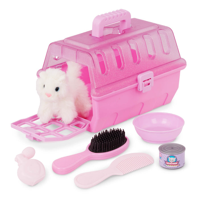 A cuteplush kitten in a pink carrying case for toddlers and kids.