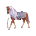 Brown and purple horse with saddle
