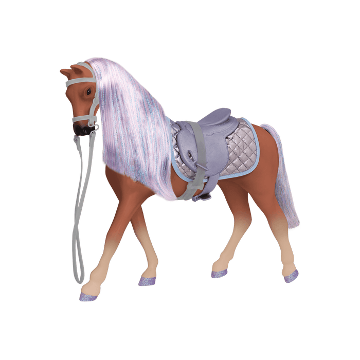Brown and purple horse with saddle