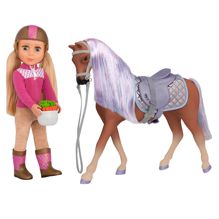 Brown and purple horse with saddle