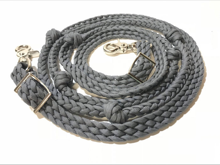Charcoal grey Barrel Reins, Round with grip knots.