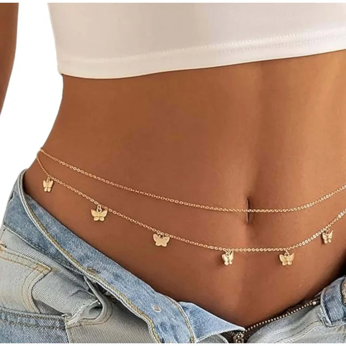 Charming Butterfly Double Layered Body Chain in gold with adjustable waist fit and delicate butterfly charms