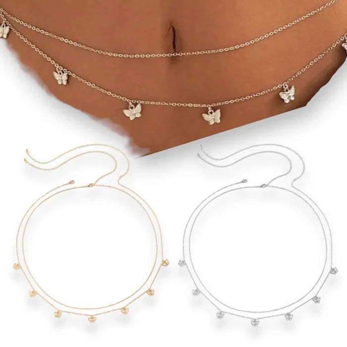 Charming Butterfly Double Layered Body Chain in gold with adjustable waist fit and delicate butterfly charms