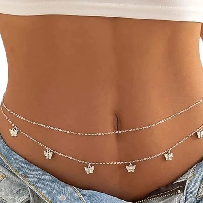 Charming Butterfly Double Layered Body Chain in gold with adjustable waist fit and delicate butterfly charms