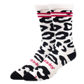 Leopard print sock with pink accents on a white background
