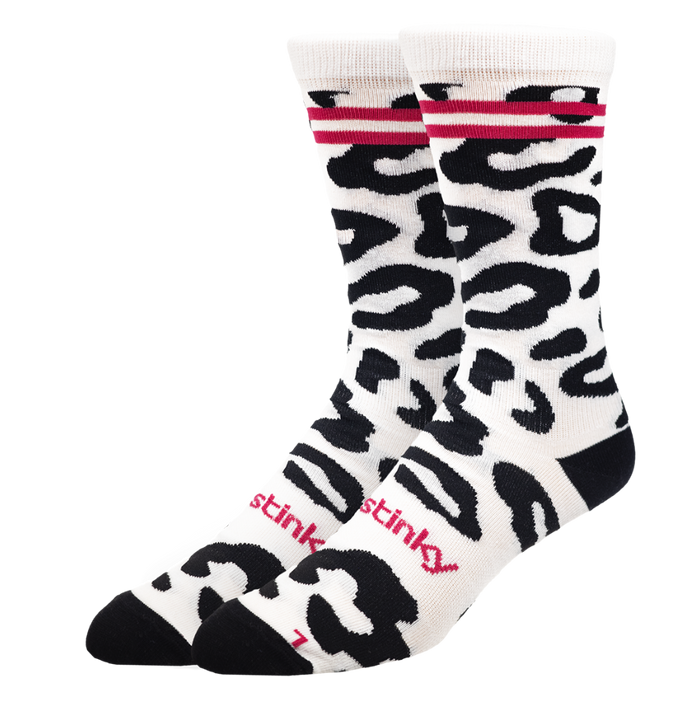Leopard print sock with pink accents on a white background