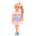 14-inch posable doll with blonde hair and blue eyes
